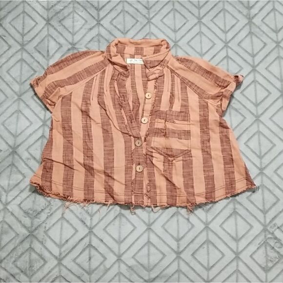 NWOT WE THE FREE Brown & Copper Striped Boho Chic Button Short Sleeve Crop Top - Picture 3 of 5